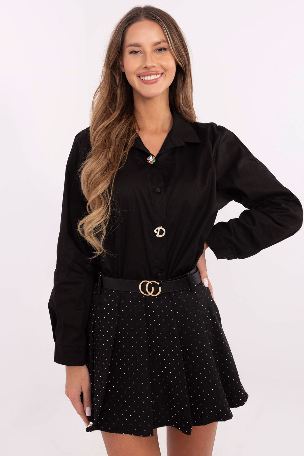 Italy Moda Black Collared Cotton Long Sleeve Top with Buttons