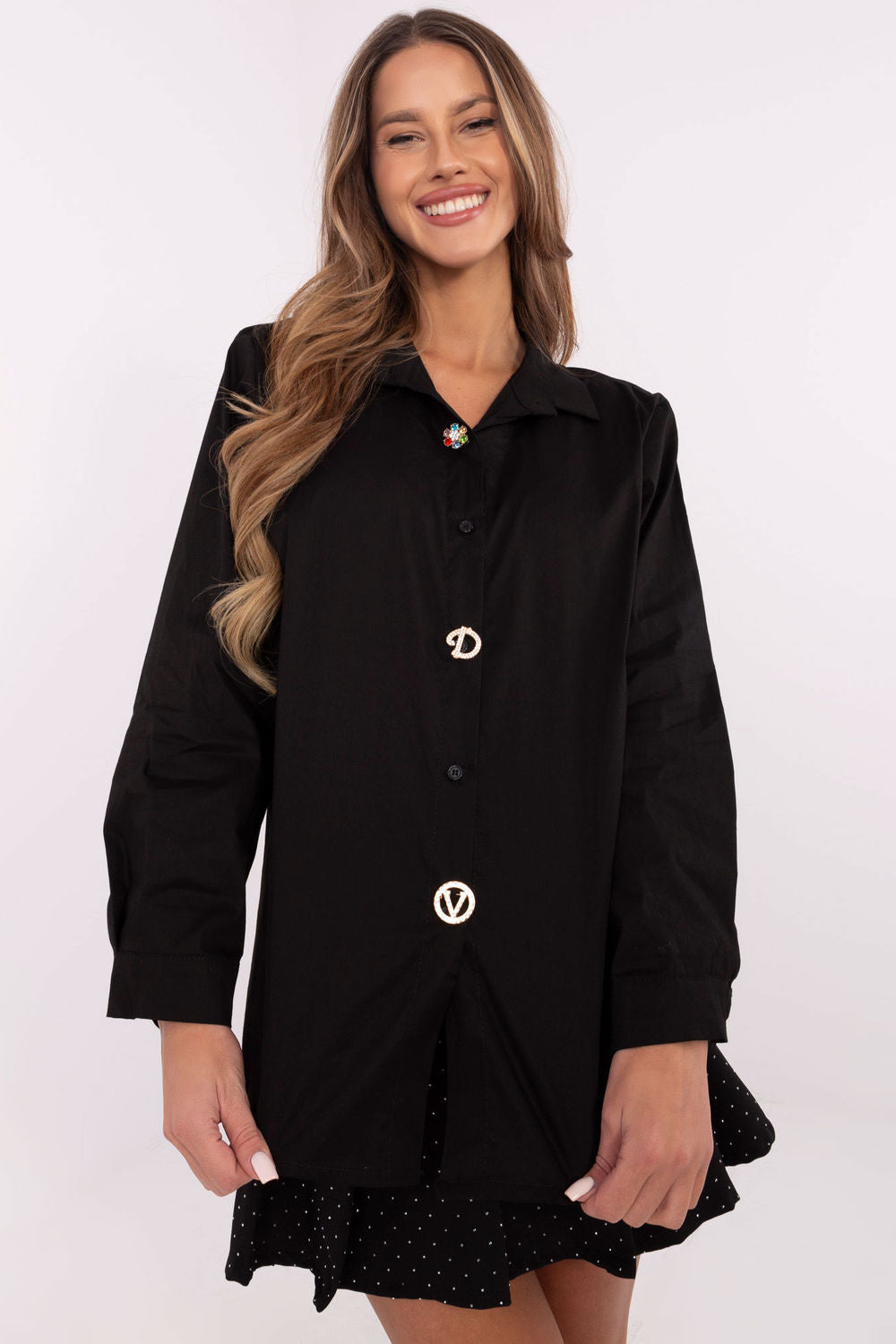 Italy Moda Black Collared Cotton Long Sleeve Top with Buttons - view 2