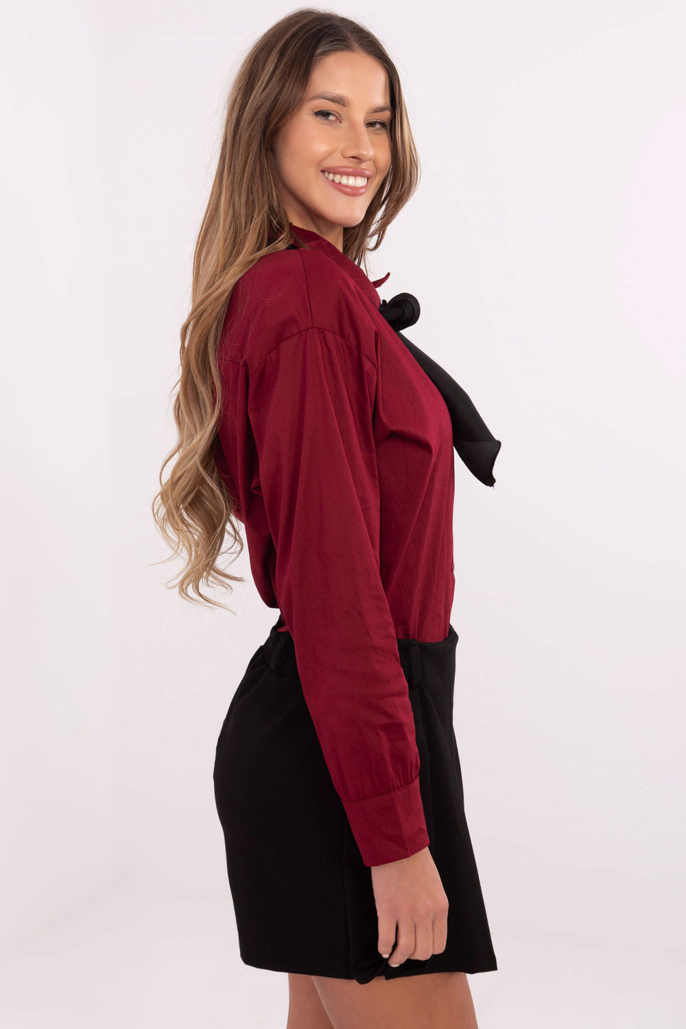 Italy Moda Burgundy Collared Cotton Long Sleeve Top - view 2