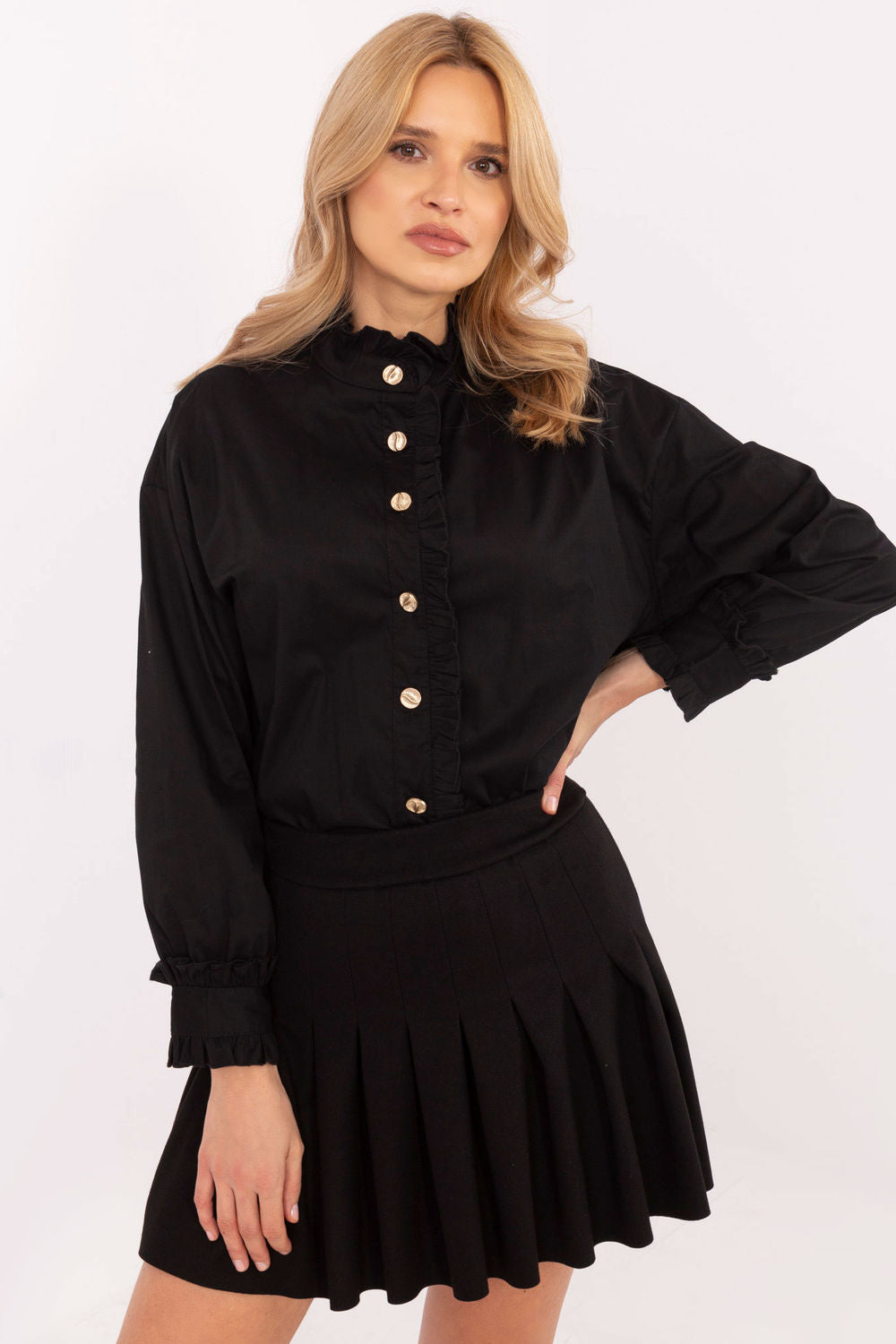 Italy Moda Black Pleated Cotton Long Sleeve Top