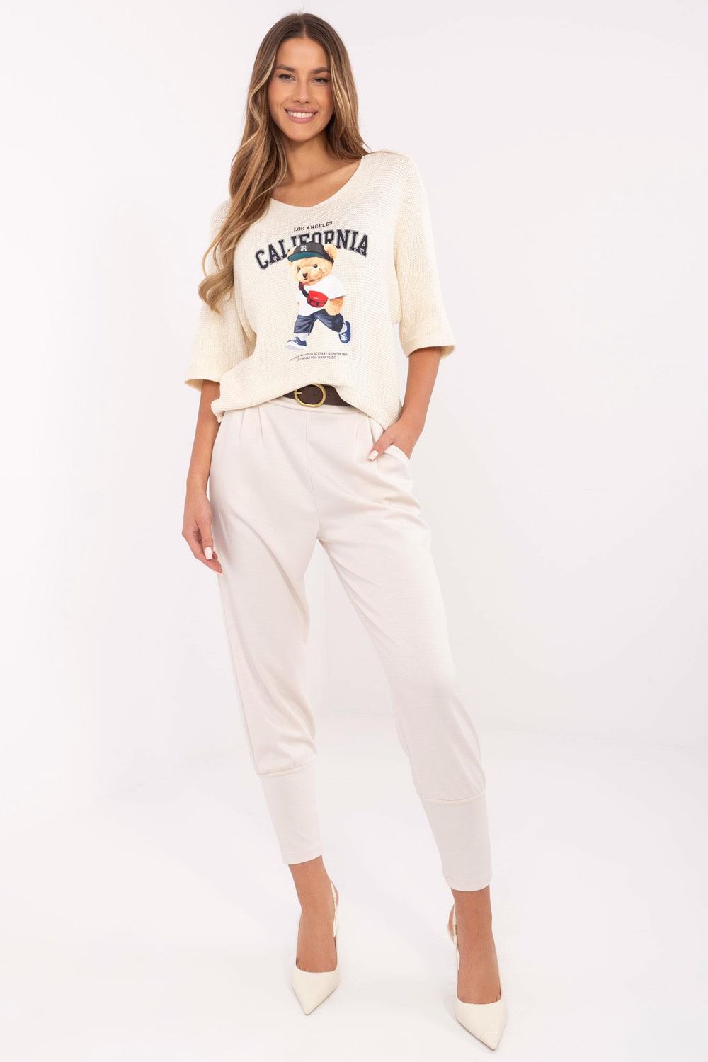Italy Moda Light Beige High Waisted Joggers