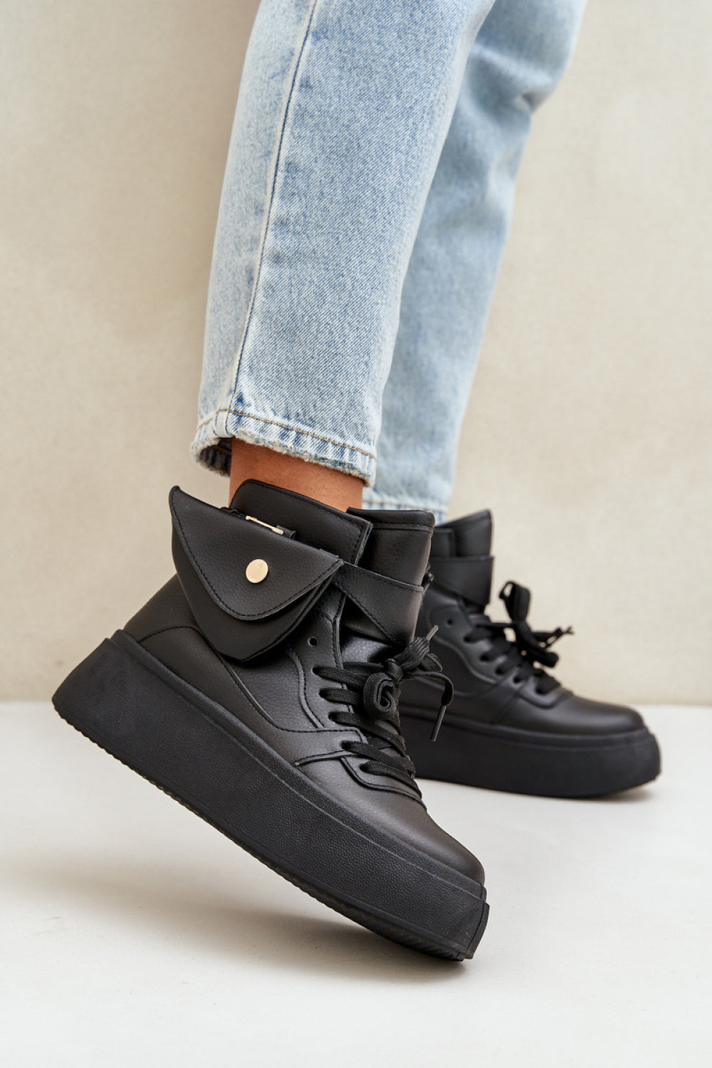 Step In Style Black Faux Leather Platform Trainers with Round Toe