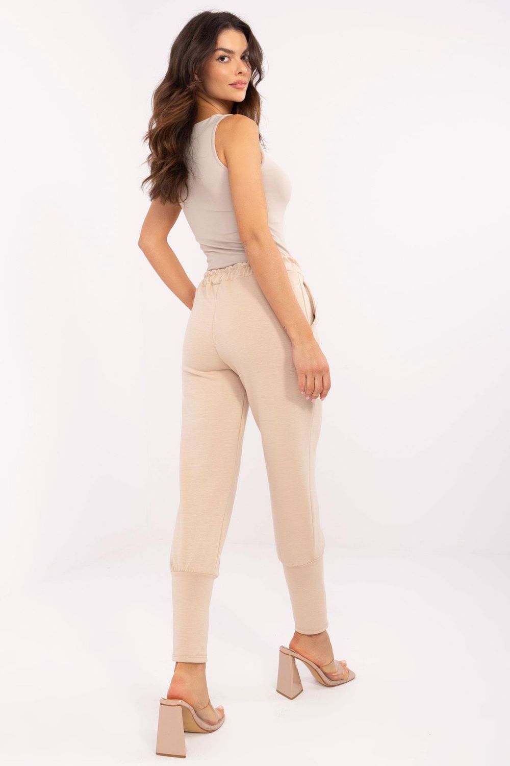 Italy Moda Beige Viscose High Waisted Joggers - view 3