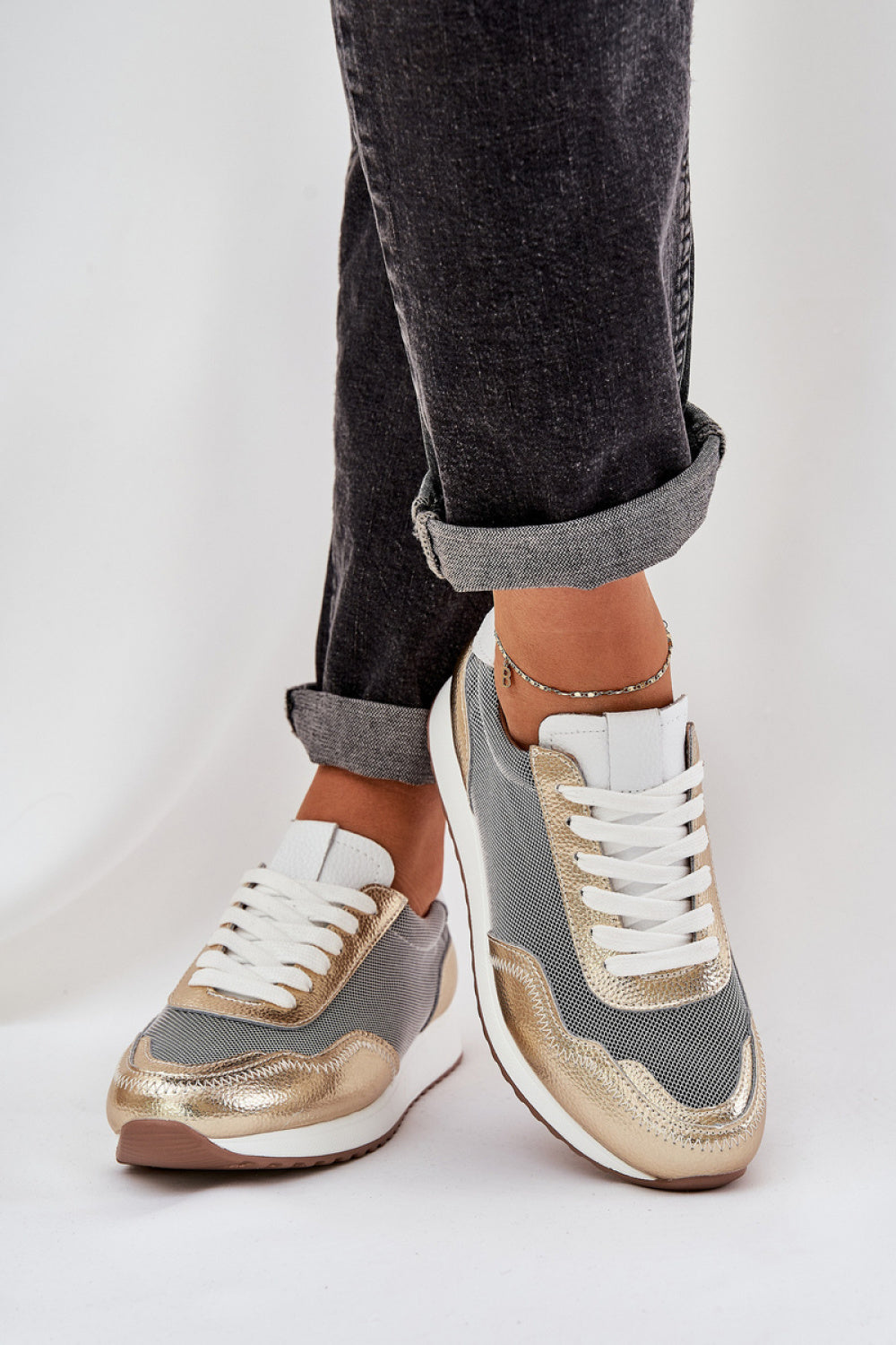 Step In Style Gold Leather Lace Up Trainers - view 3
