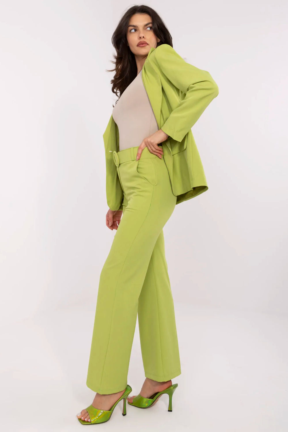 Italy Moda Lime Flared High Waisted Trousers - view 2