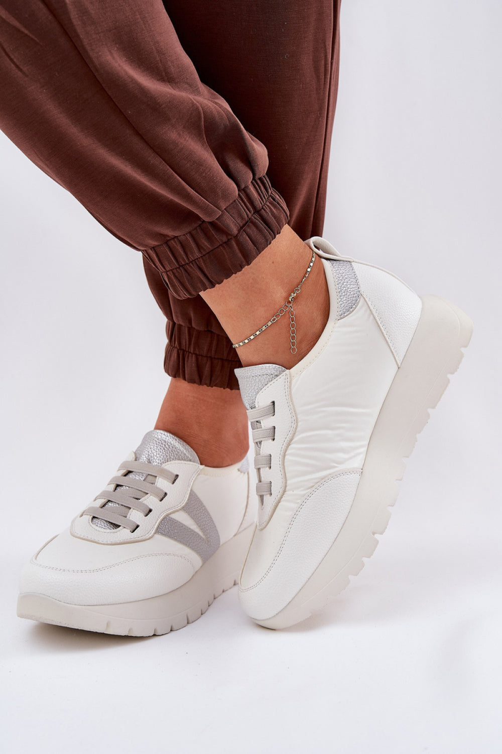 Step In Style White Faux Leather Platform Trainers with Round Toe - view 3