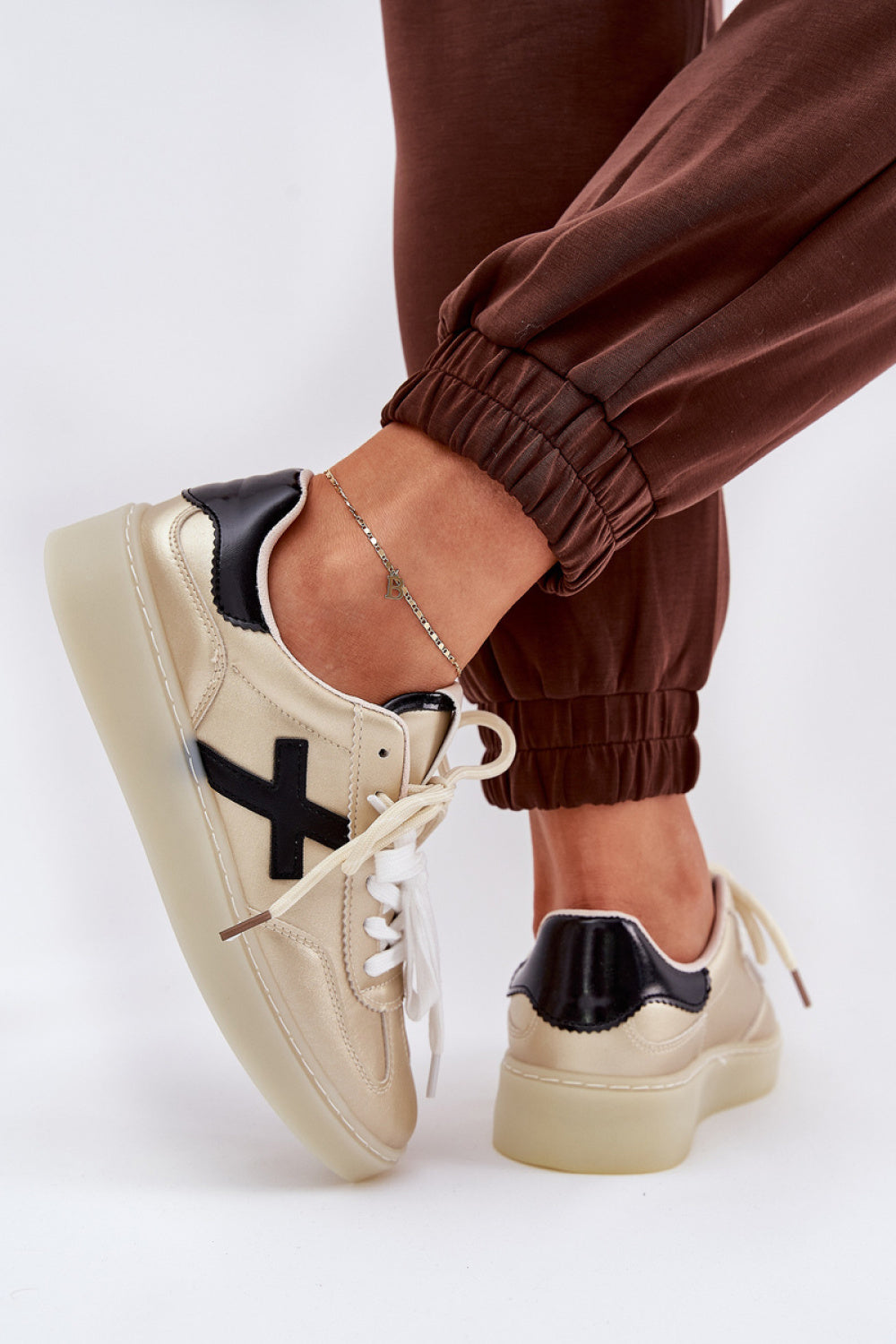 Step In Style Gold Faux Leather Trainers with Round Toe - view 3