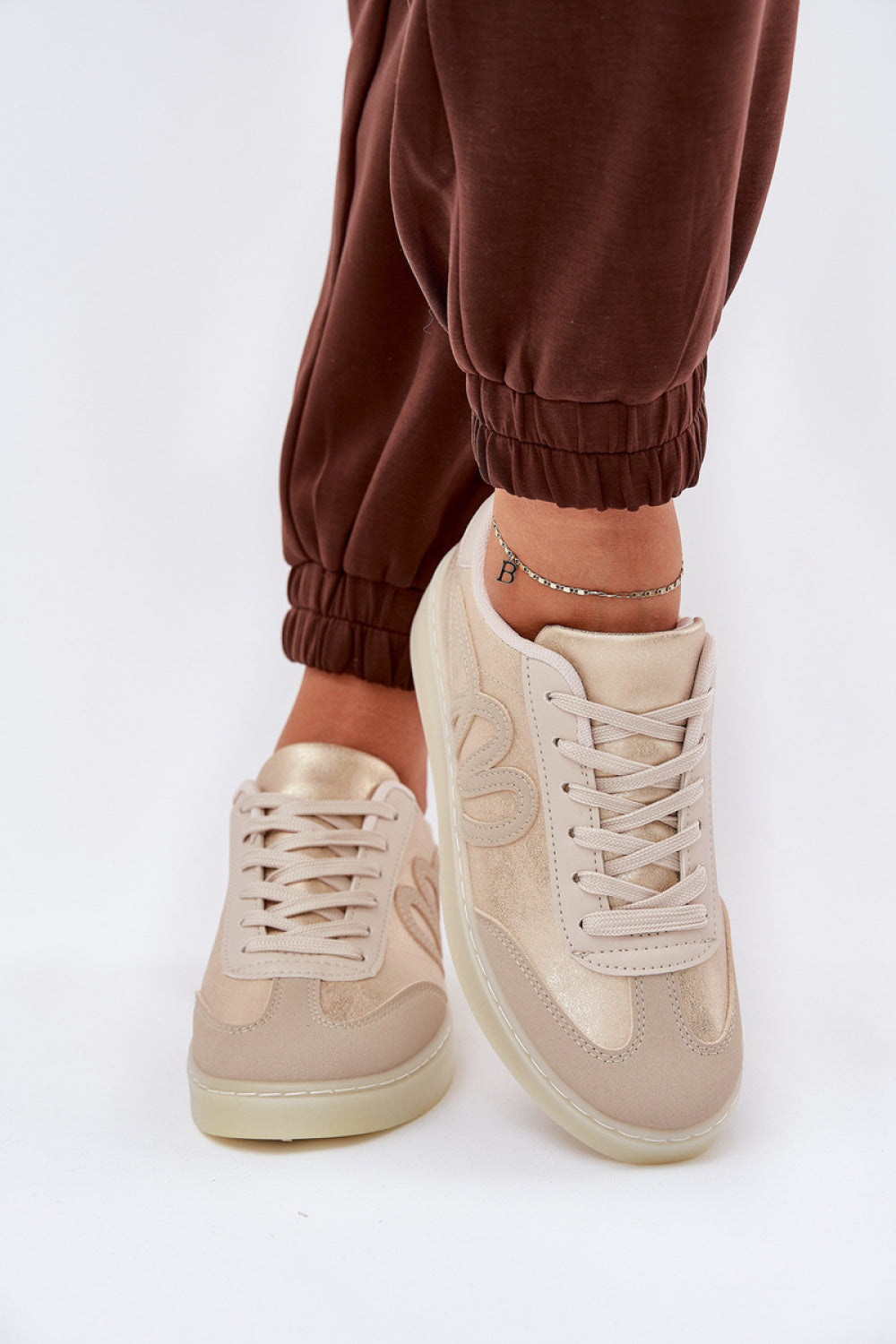 Step In Style Beige Faux Leather Trainers with Round Toe - view 3
