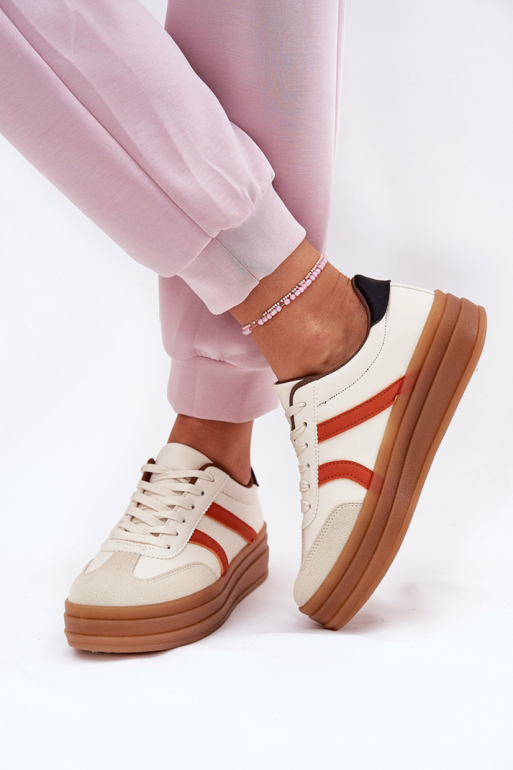 Step In Style Beige Faux Leather Platform Trainers with Round Toe - view 3