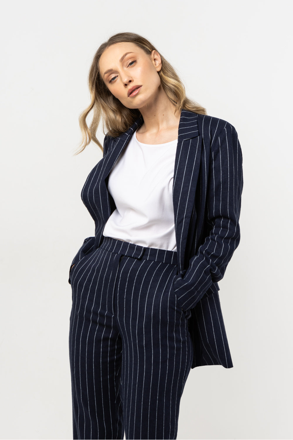 Awama Navy Linen Striped Jacket