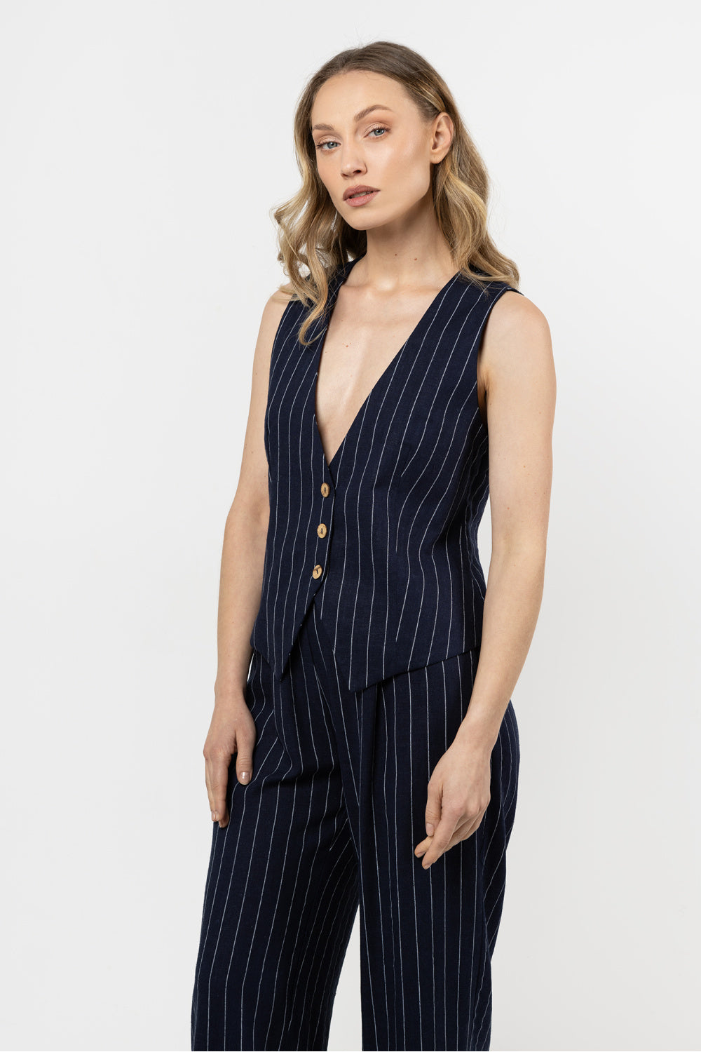 Awama Navy Linen Striped Gilet
