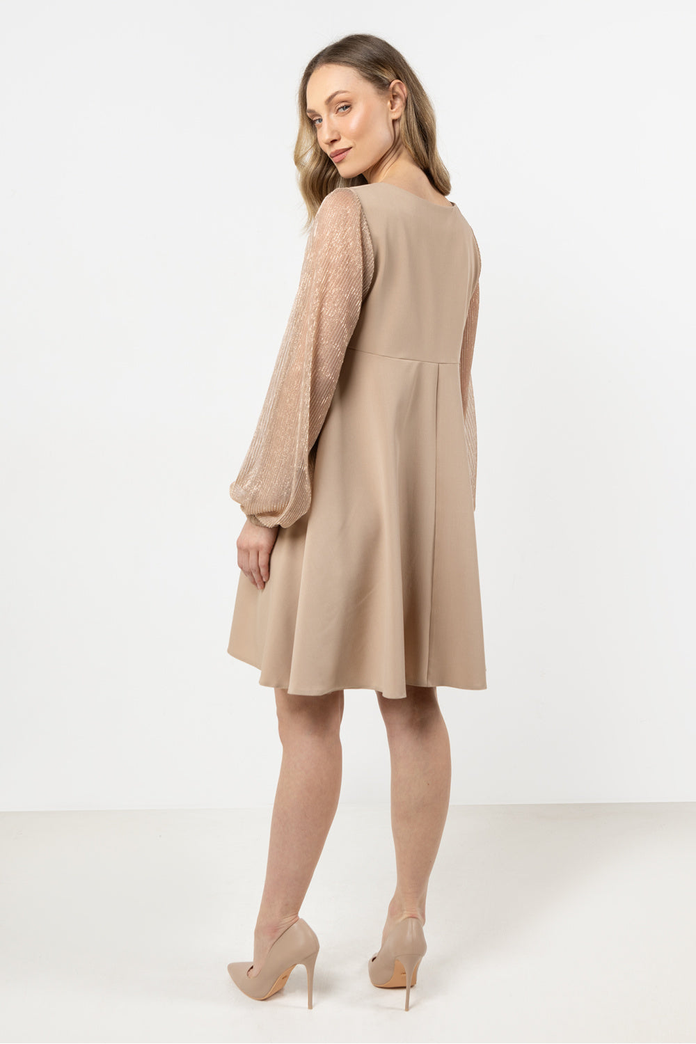Awama Beige Mesh A-Line Evening Dress - view 3