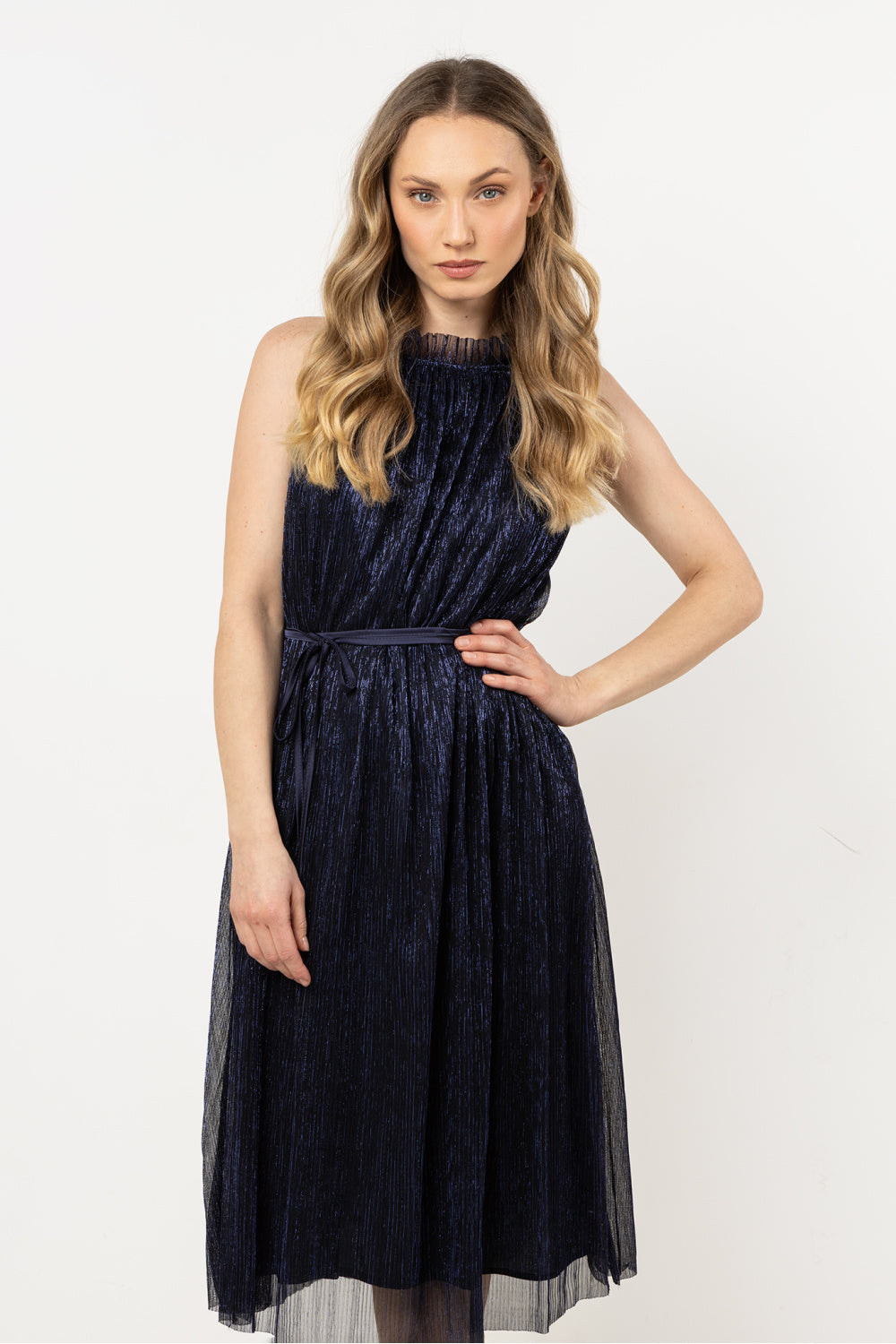 Awama Navy Satin A-Line Evening Dress