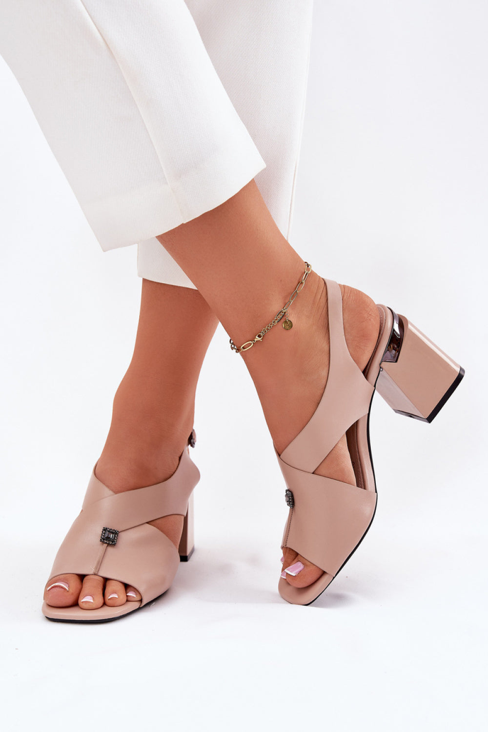 Step In Style Vinceza Beige Faux Leather Block Heel Heeled Sandals