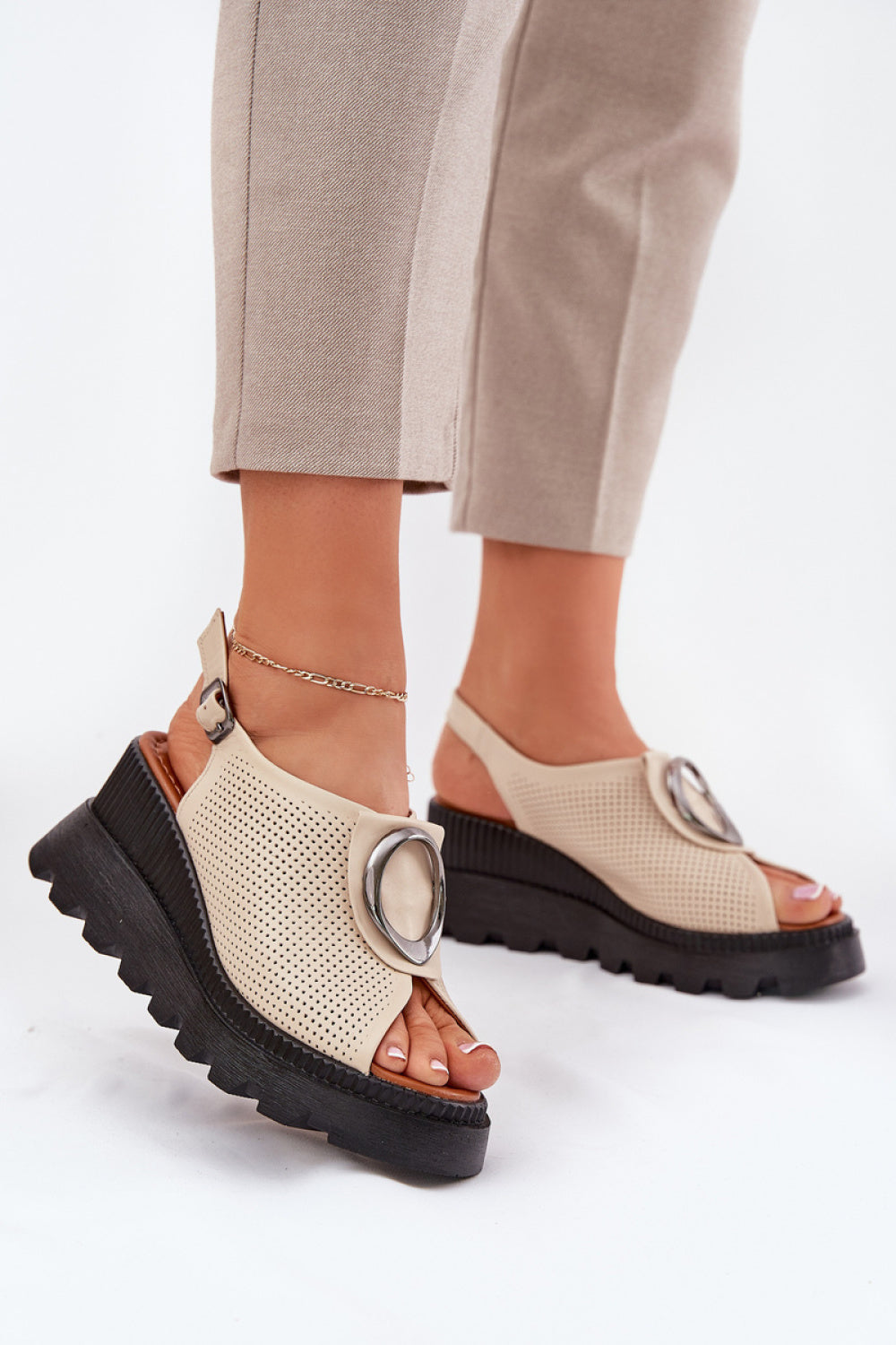 Step In Style Artiker Beige Leather Wedge Sandals