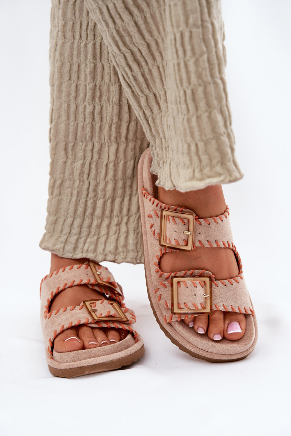 Step In Style Visley Beige Faux Suede Flip Flops