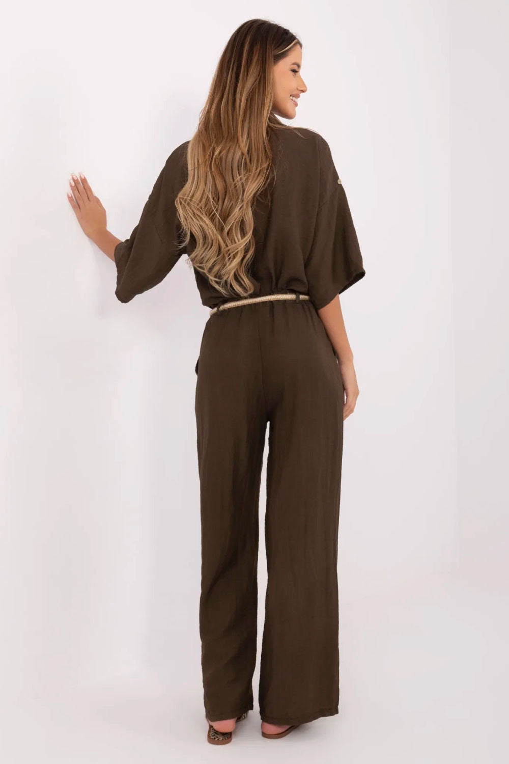 Italy Moda Dark Brown Linen Wide Leg Trousers - view 3
