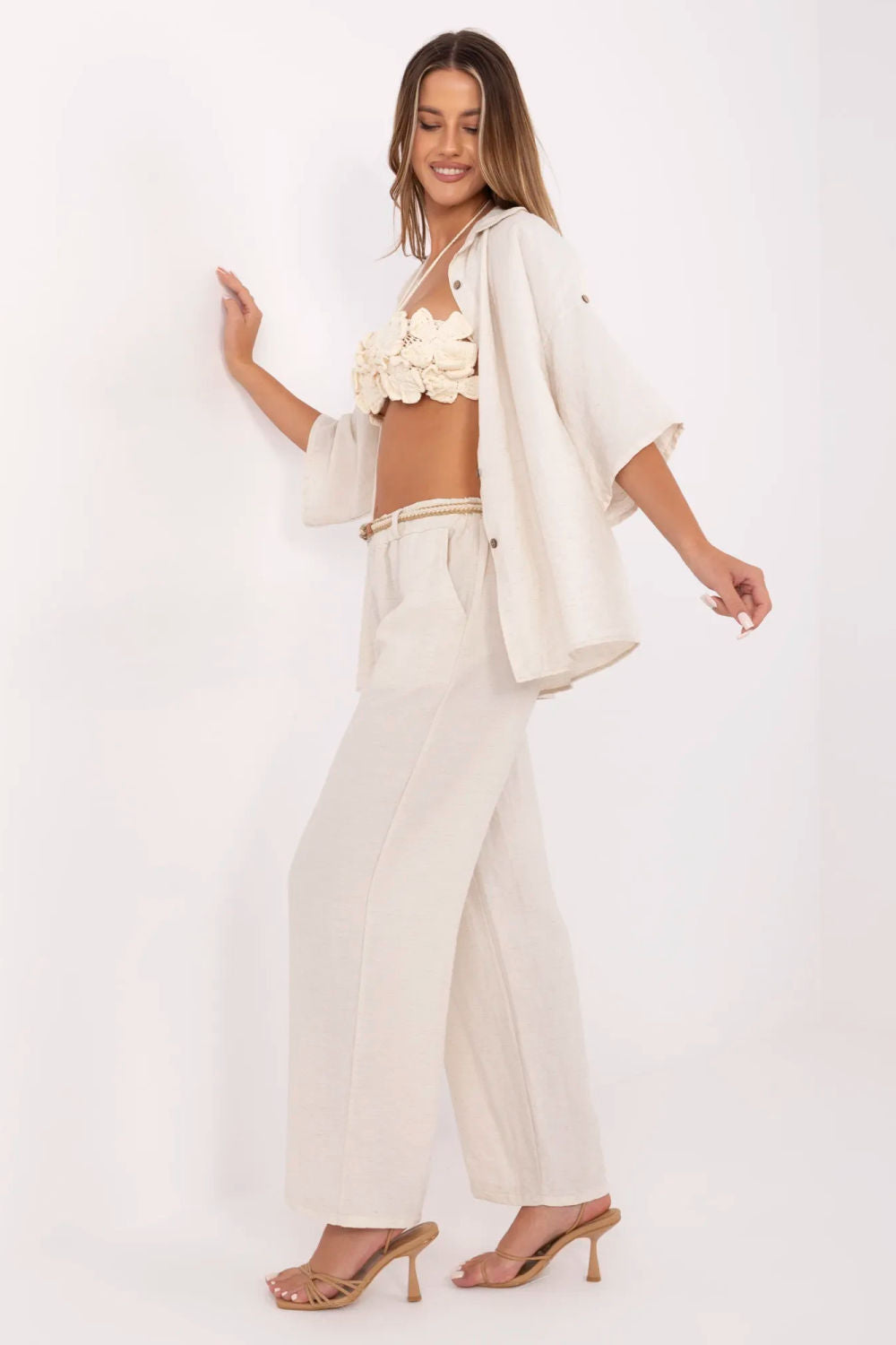 Italy Moda Light Beige Linen Wide Leg Trousers - view 2