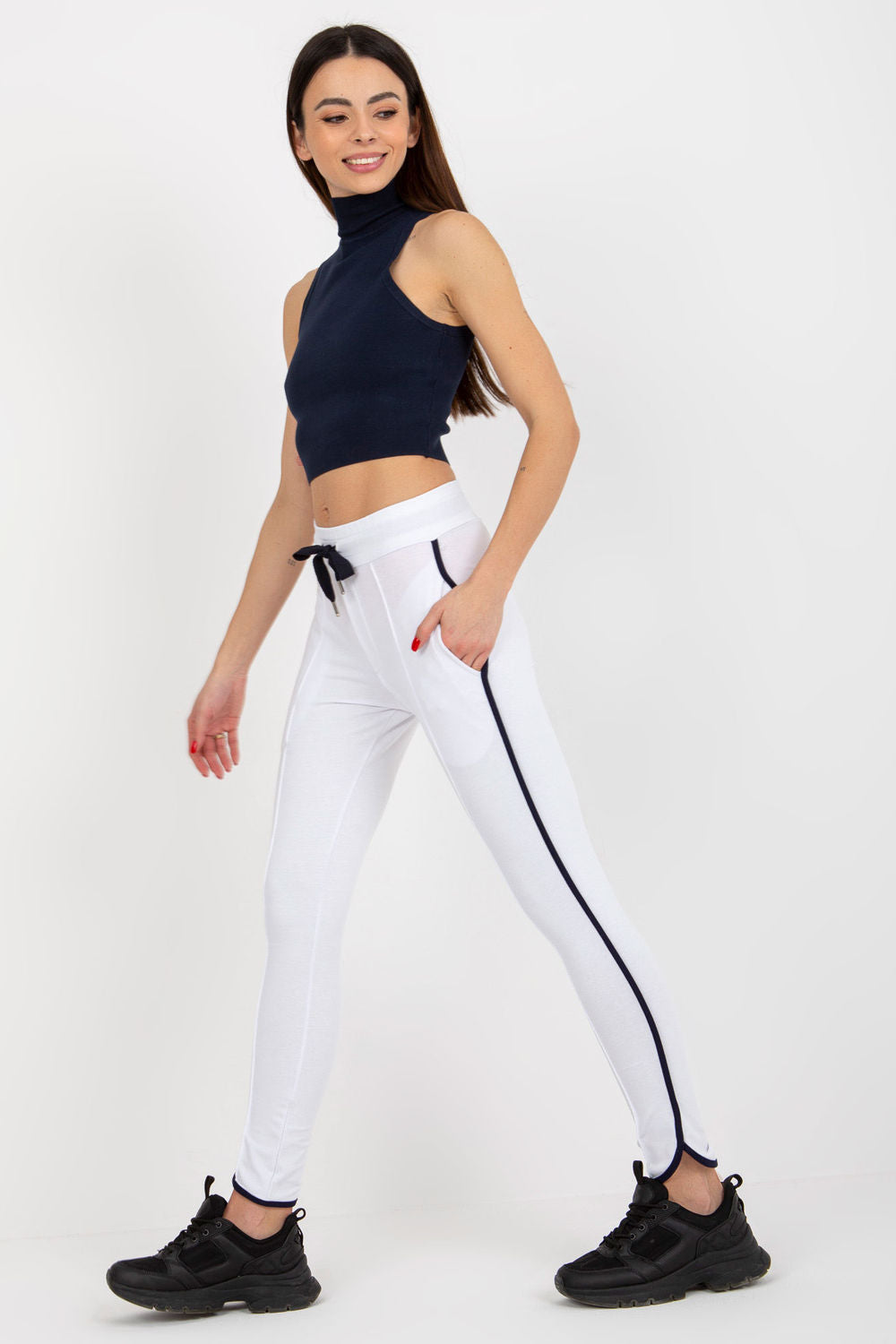 Rue Paris White Striped High Waisted Cotton Joggers - view 4