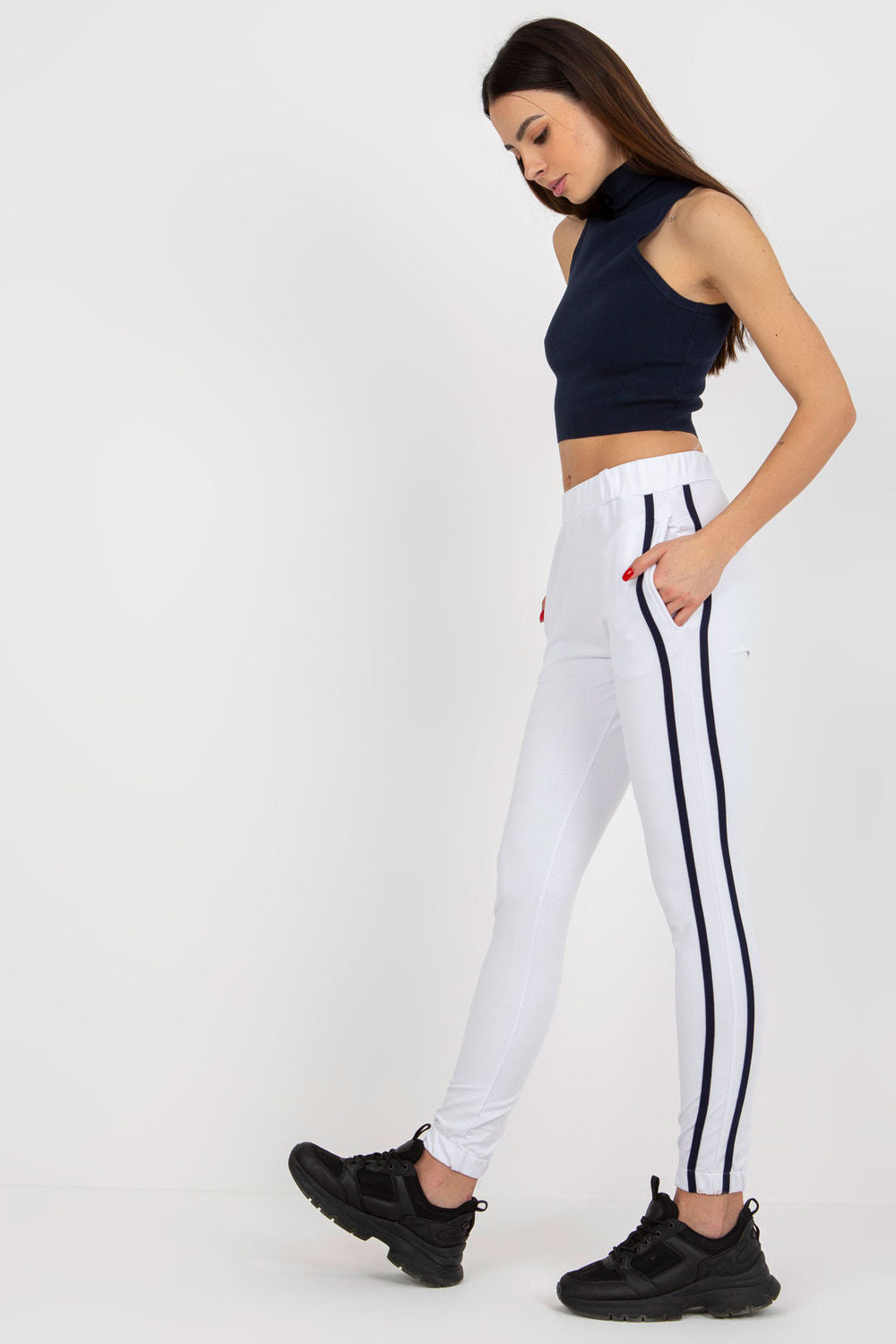 Rue Paris White Striped High Waisted Joggers - view 2