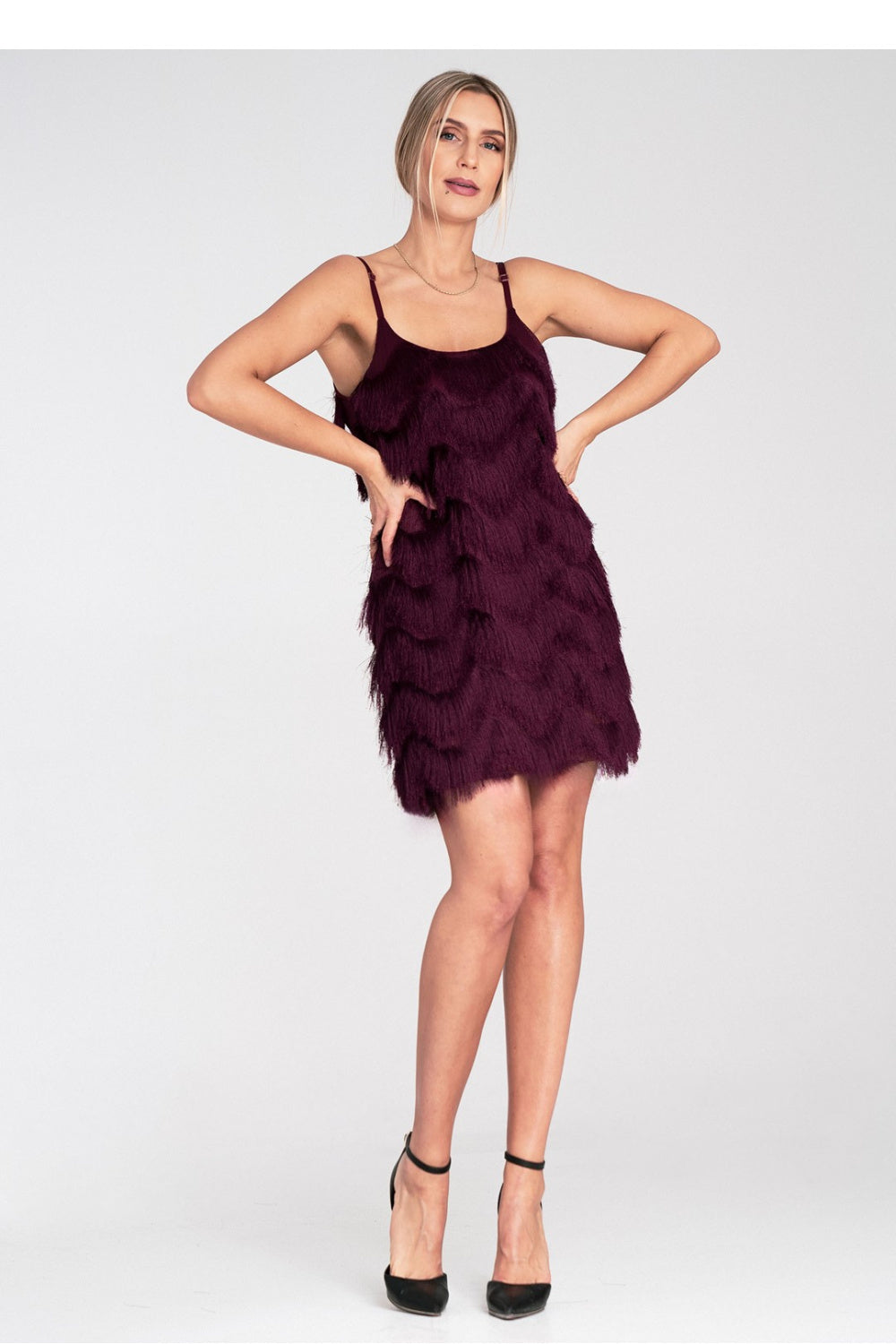 Figl Burgundy Fringed Maxi Evening Dress