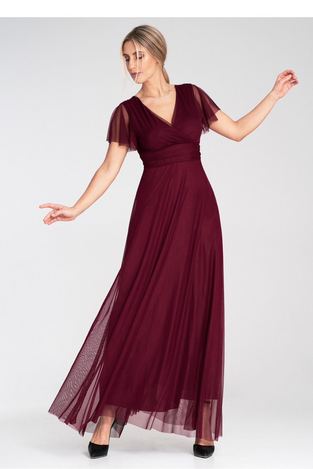 Figl Burgundy Mesh Flared Maxi Dress