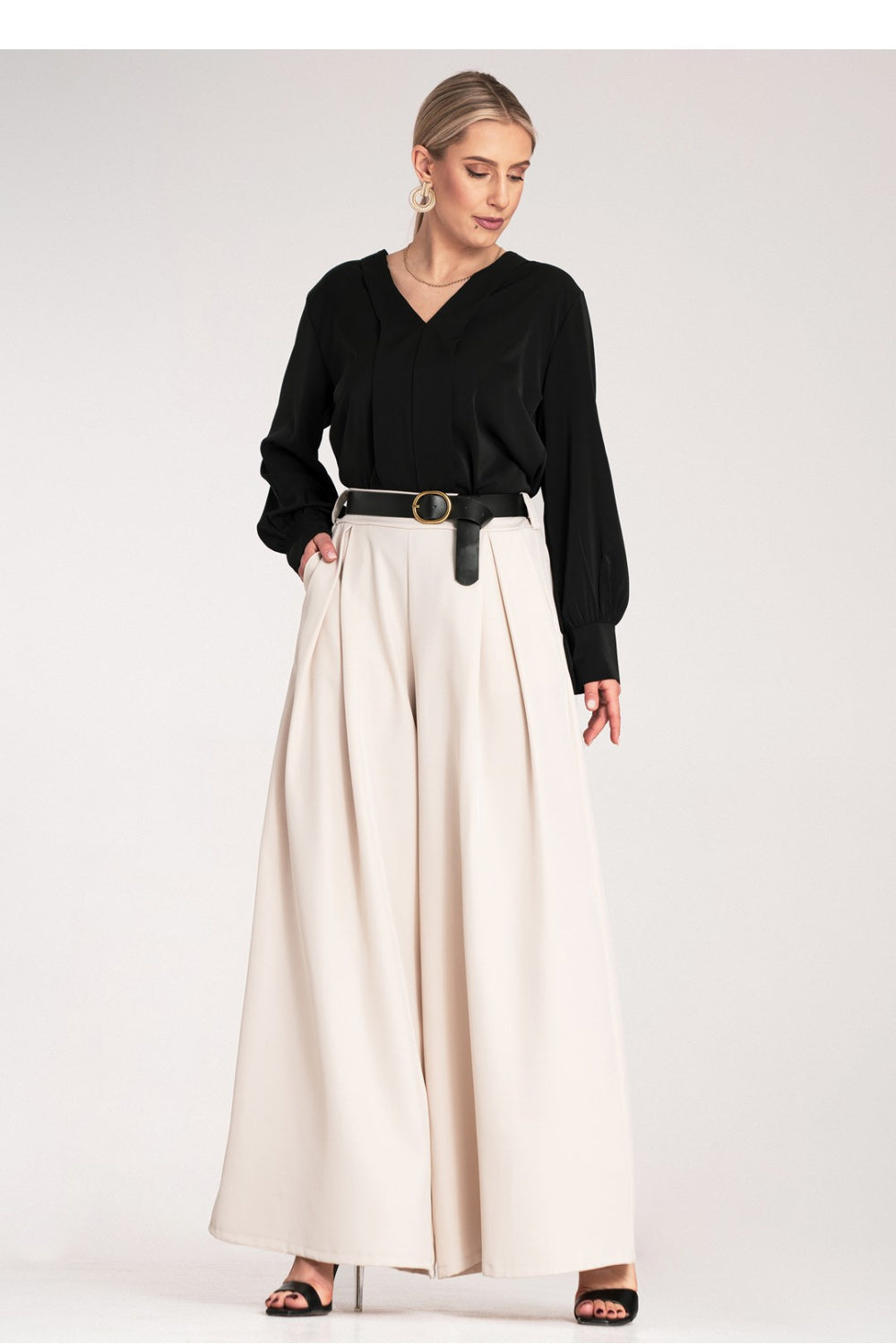 Figl Ecru Wide Leg High Waisted Trousers
