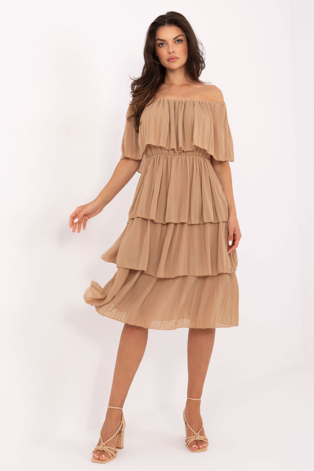 Och Bella Camel Flared Off Shoulder Cocktail Dress