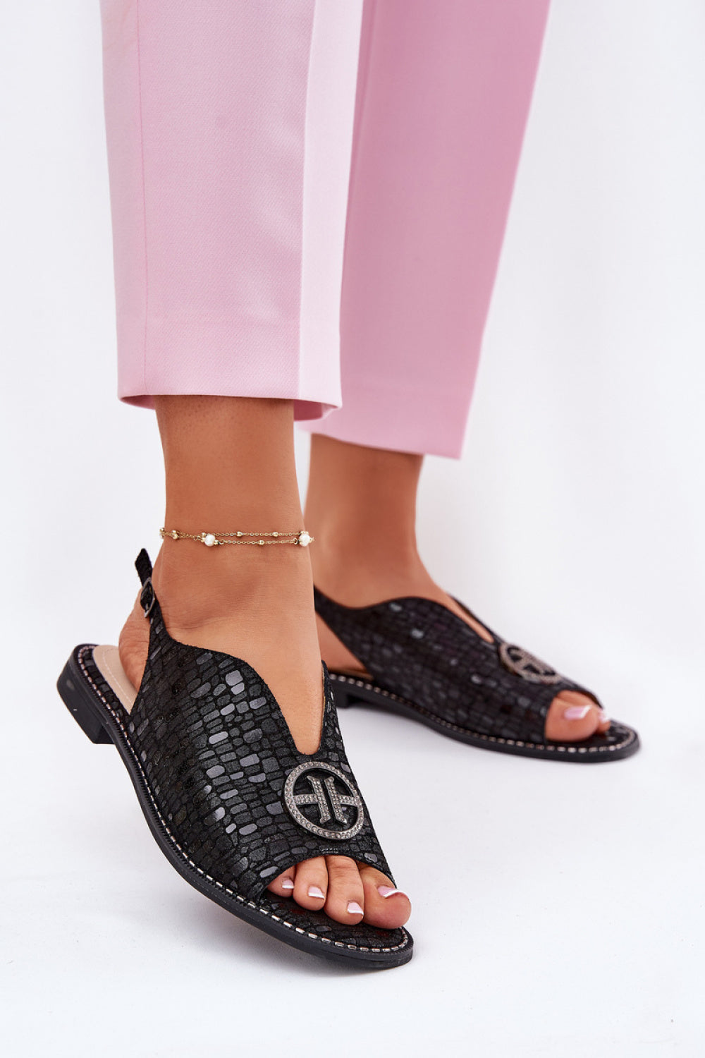 Step In Style Black Suede Flat Sandals with Buckle