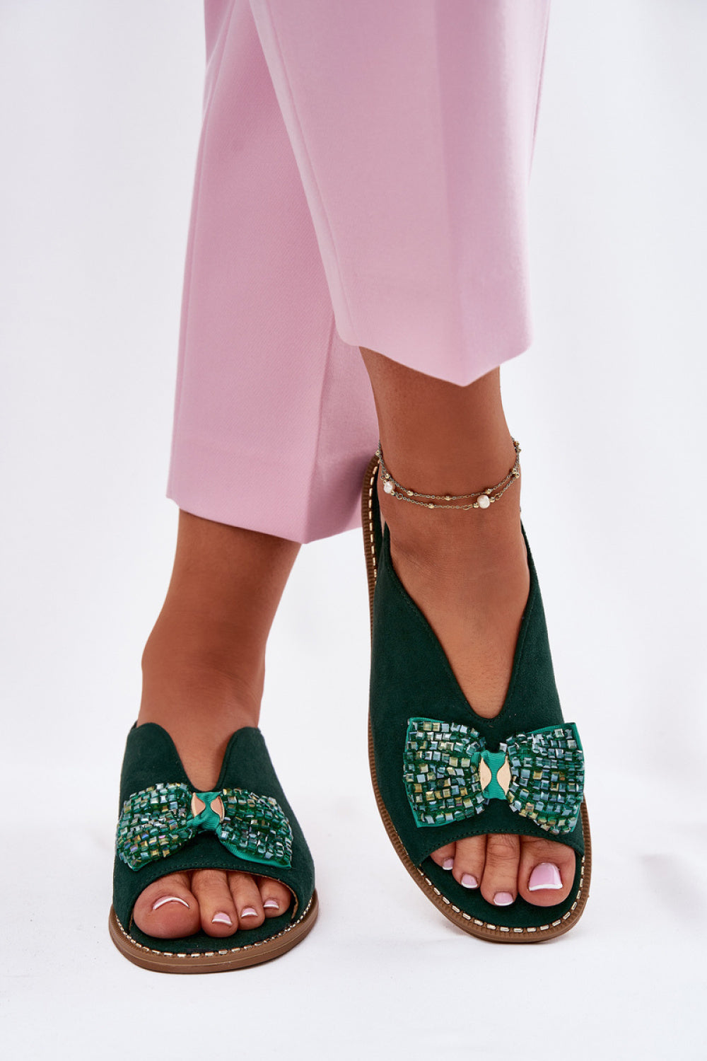 Step In Style Green Faux Suede Flat Sandals - view 3