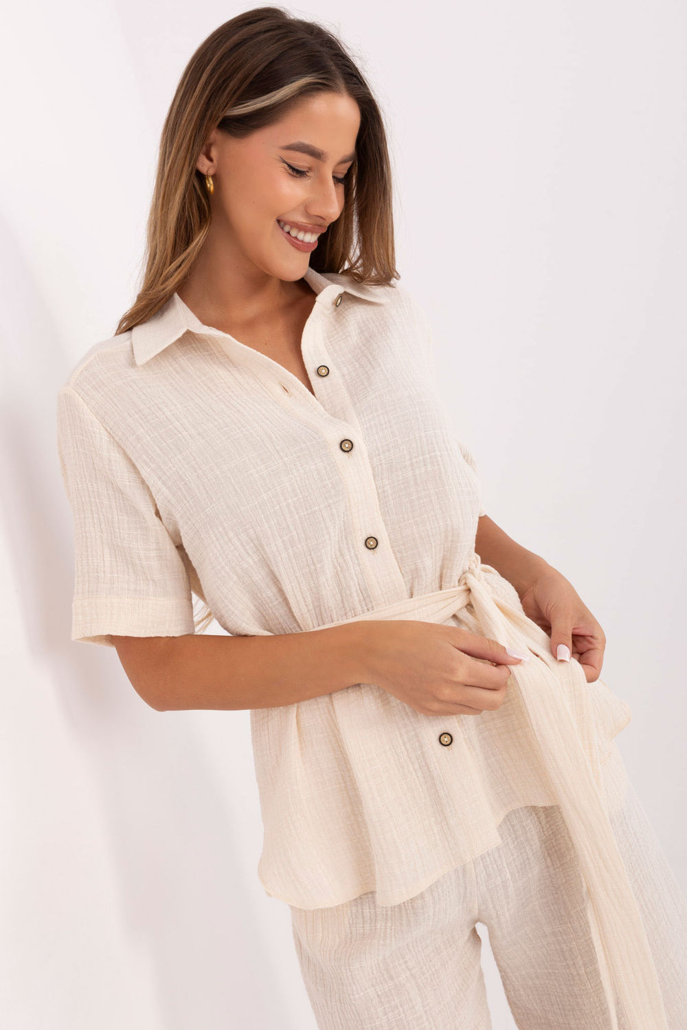Lakerta Light Beige Collared High Waisted Cotton Co-Ord Set