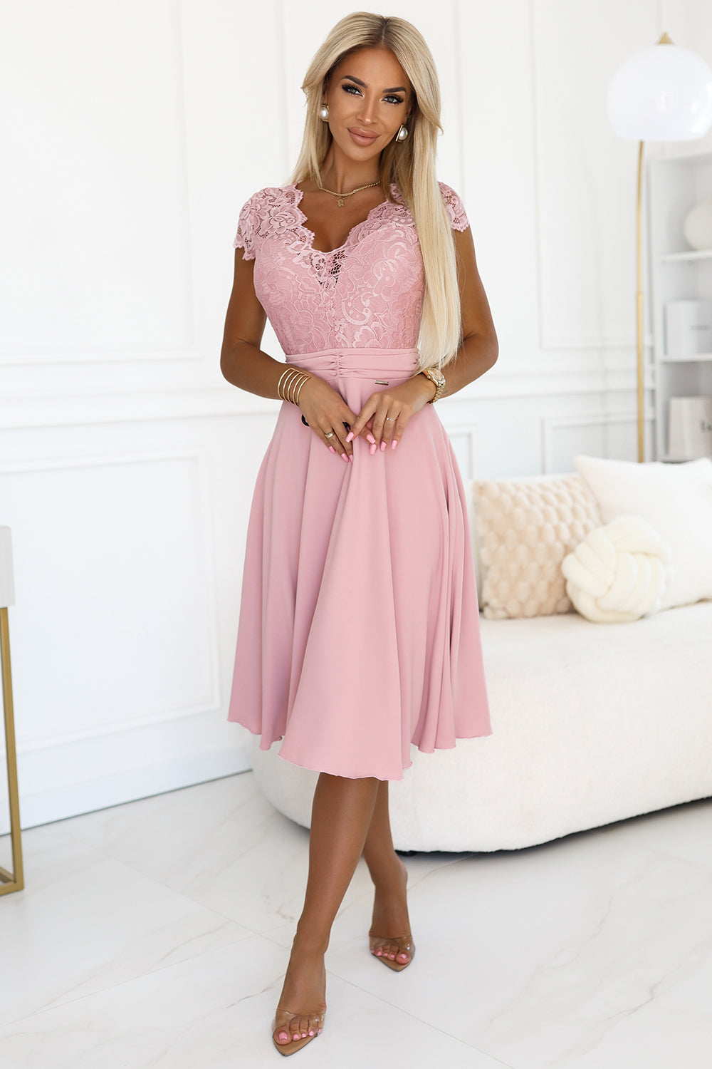 Numoco Linda Pink Lace Flared Evening Dress - view 2