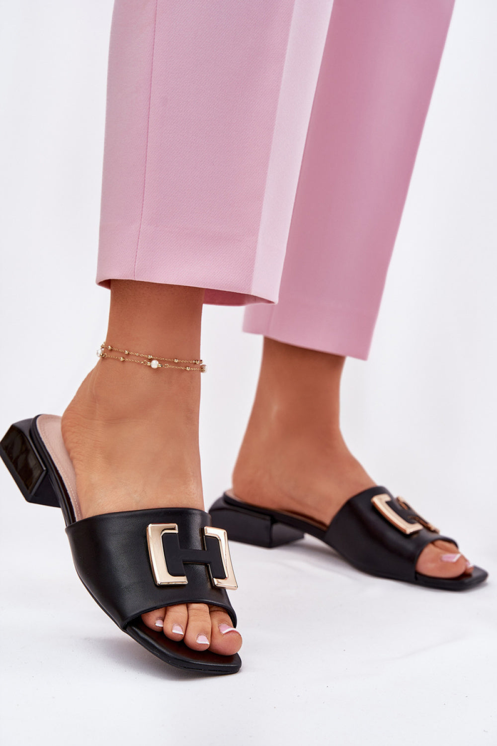 Step In Style Vinceza Black Faux Leather Block Heel Flip Flops