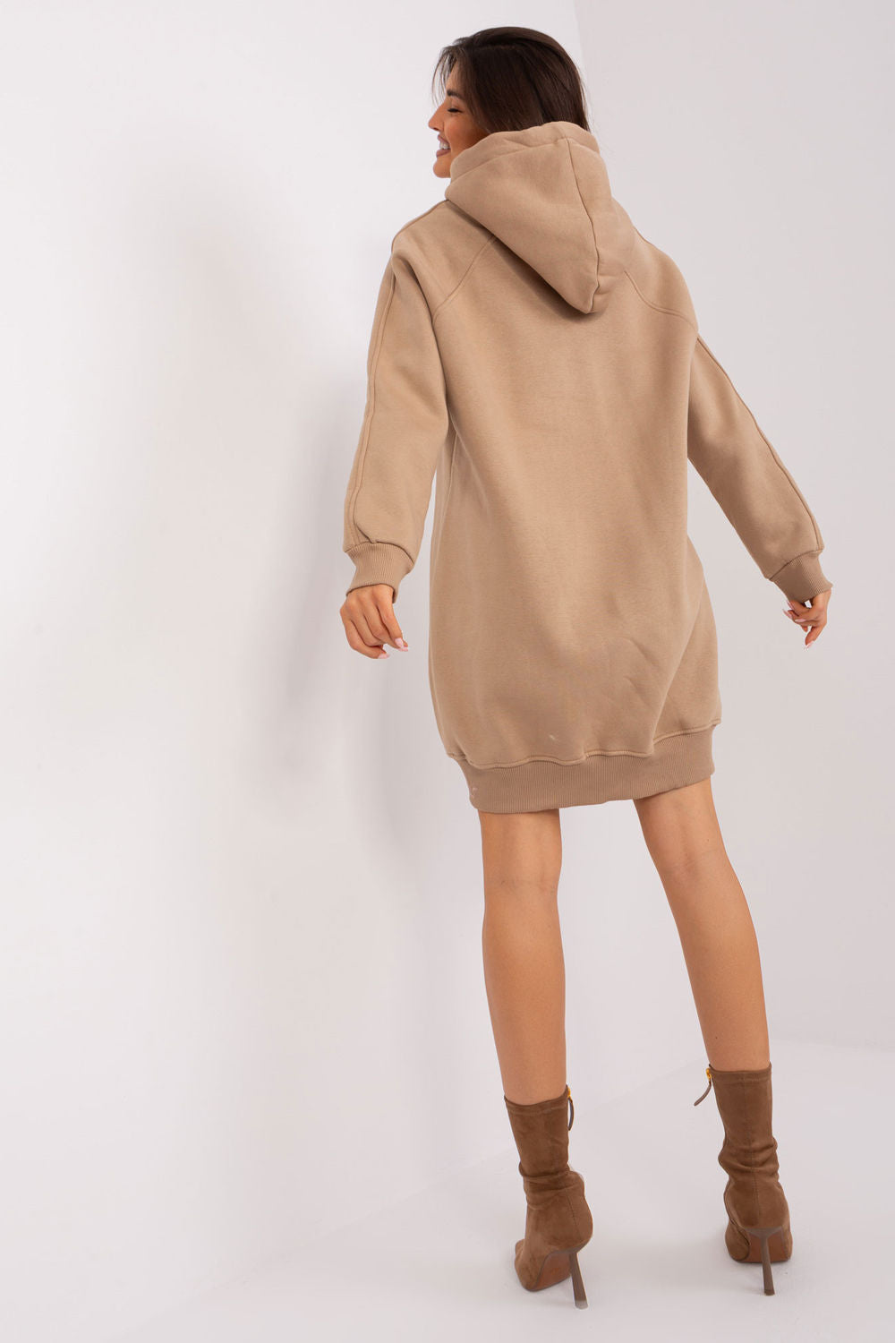 Ex Moda Dark Beige Loose Fit Hooded Long Sleeve Sweatshirt - view 3