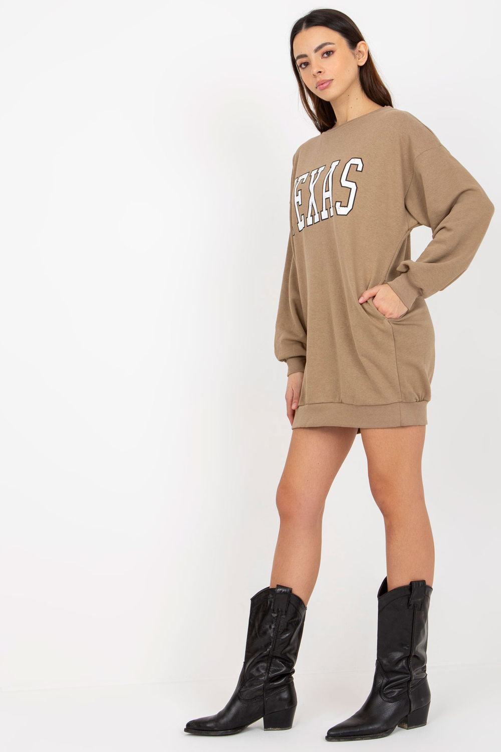 Ex Moda Dark Beige Round Neck Long Sleeve Cotton Sweatshirt - view 2