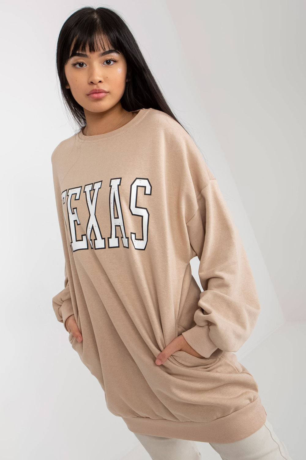 Ex Moda Beige Ribbed Long Sleeve Cotton Sweatshirt