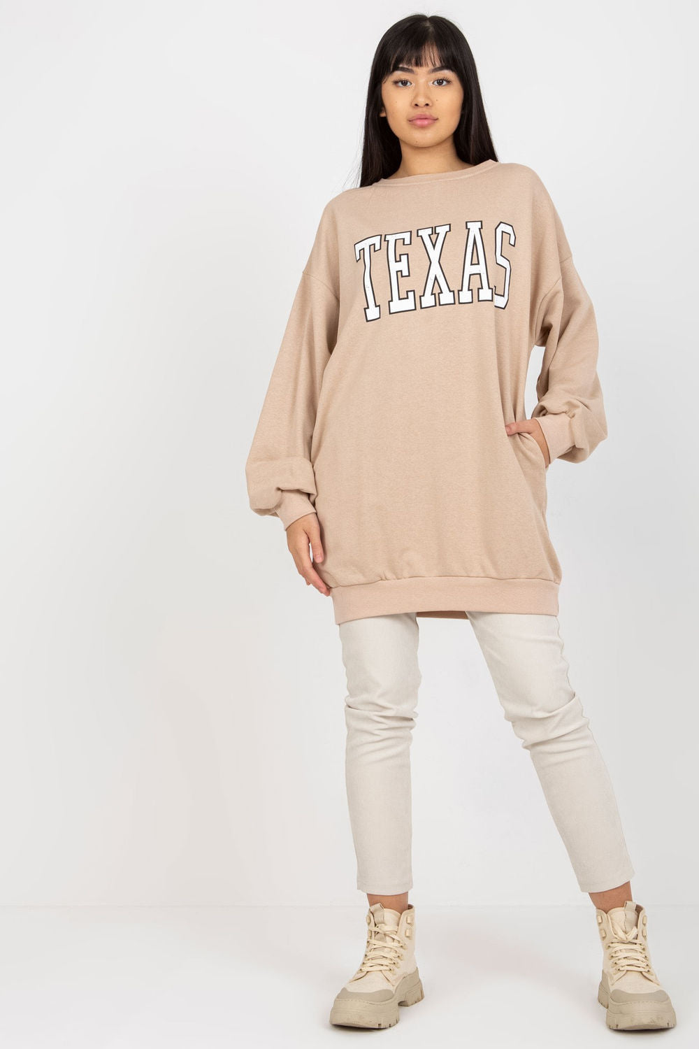 Ex Moda Beige Ribbed Long Sleeve Cotton Sweatshirt - view 2