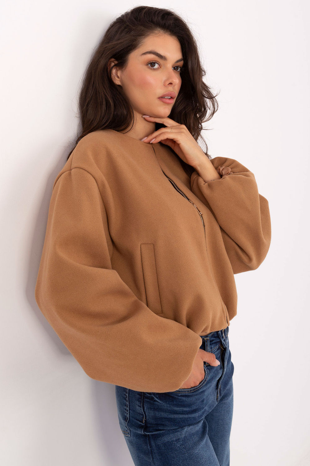 Rue Paris Camel Hooded Zip Up Jacket - view 2