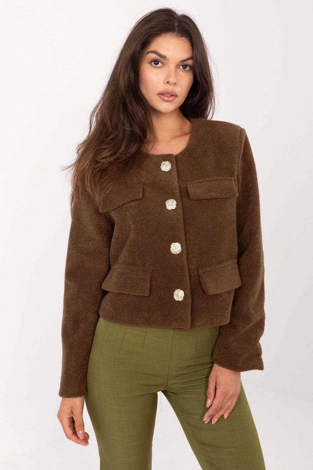 Rue Paris Brown Polyester Long Sleeve Jacket