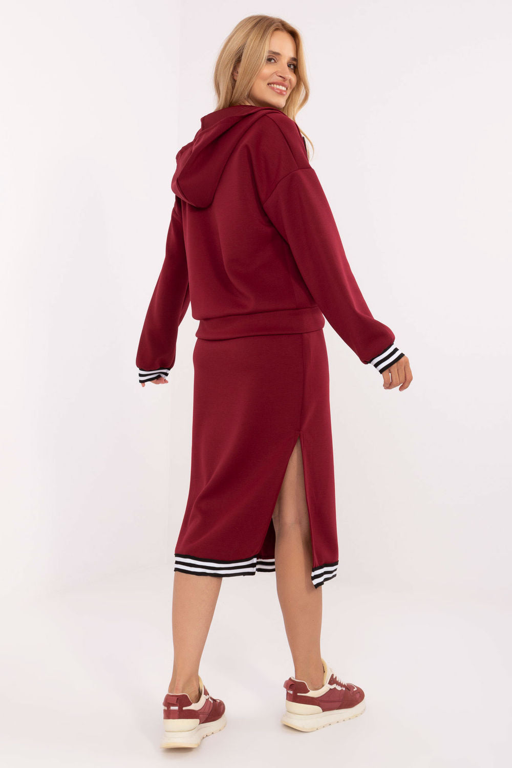 Rue Paris Burgundy Midi Long Sleeve Dress Co-Ord Set - view 3