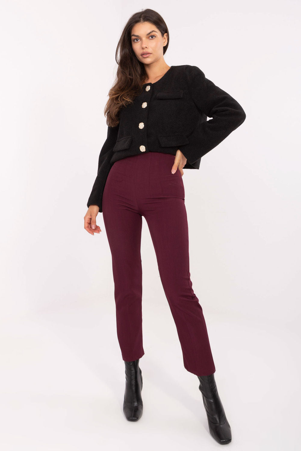 Rue Paris Burgundy High Waisted Trousers