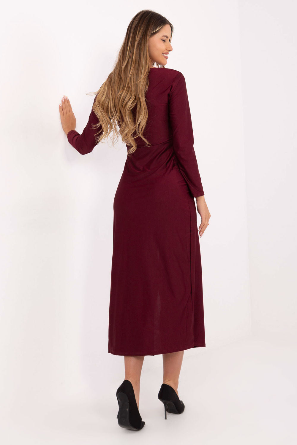 Italy Moda Burgundy Midi Pleated Evening Dress - view 3