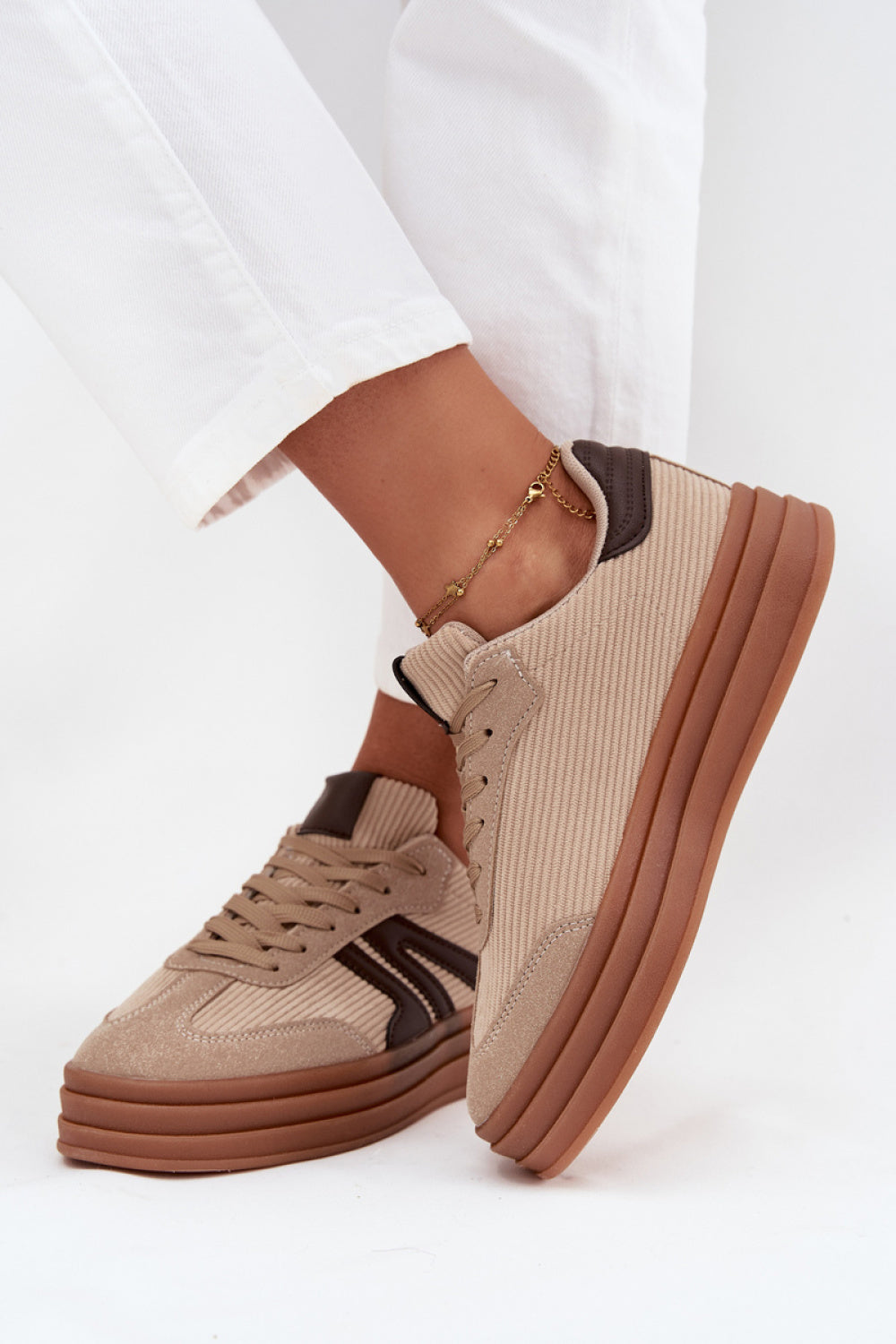 Step In Style Beige Faux Leather Platform Trainers