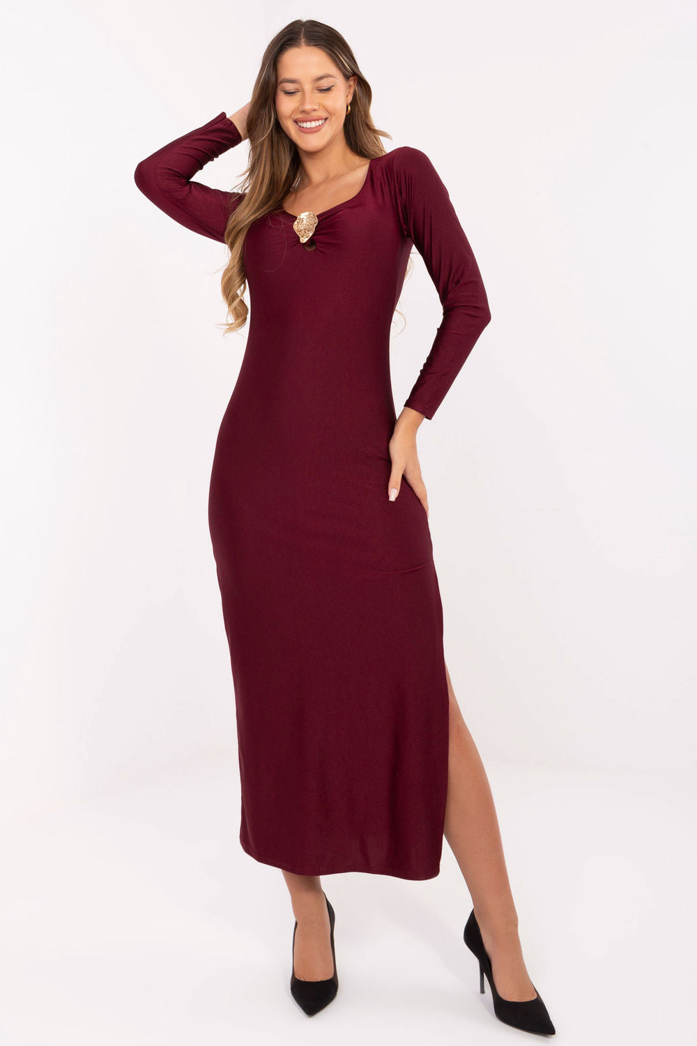 Italy Moda Burgundy Midi Evening Dress