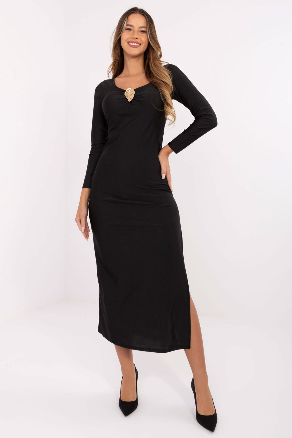 Italy Moda Black Midi V-Neck Evening Dress