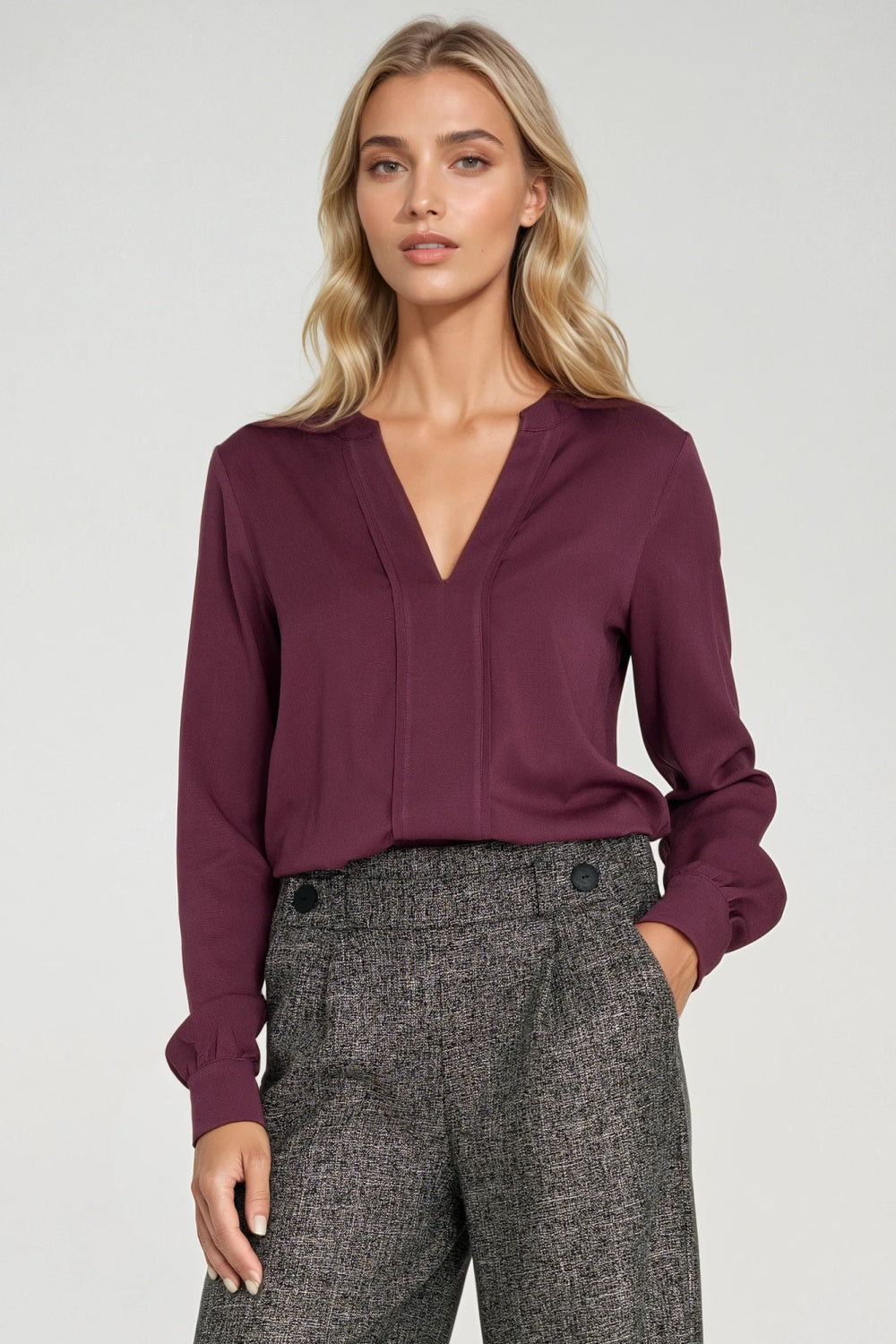 Nife Plum Pleated V-Neck Blouse