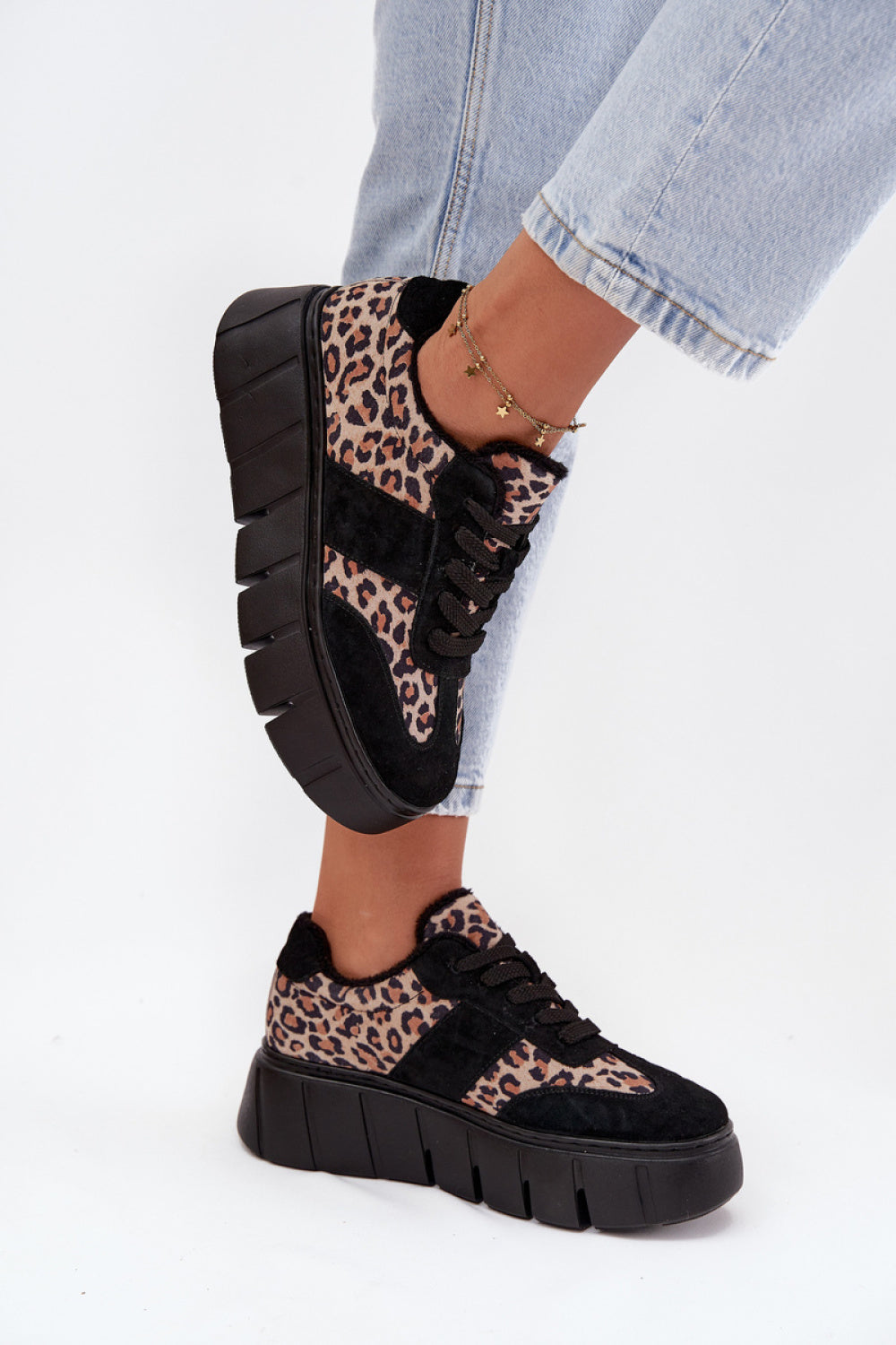 Step In Style Black Suede Platform Leopard Print Trainers - view 3