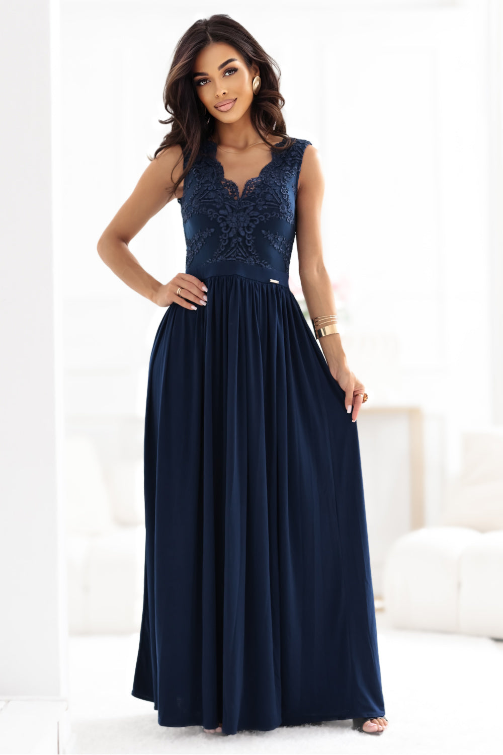 Numoco Lea Navy Guipure Lace Flared Maxi Dress