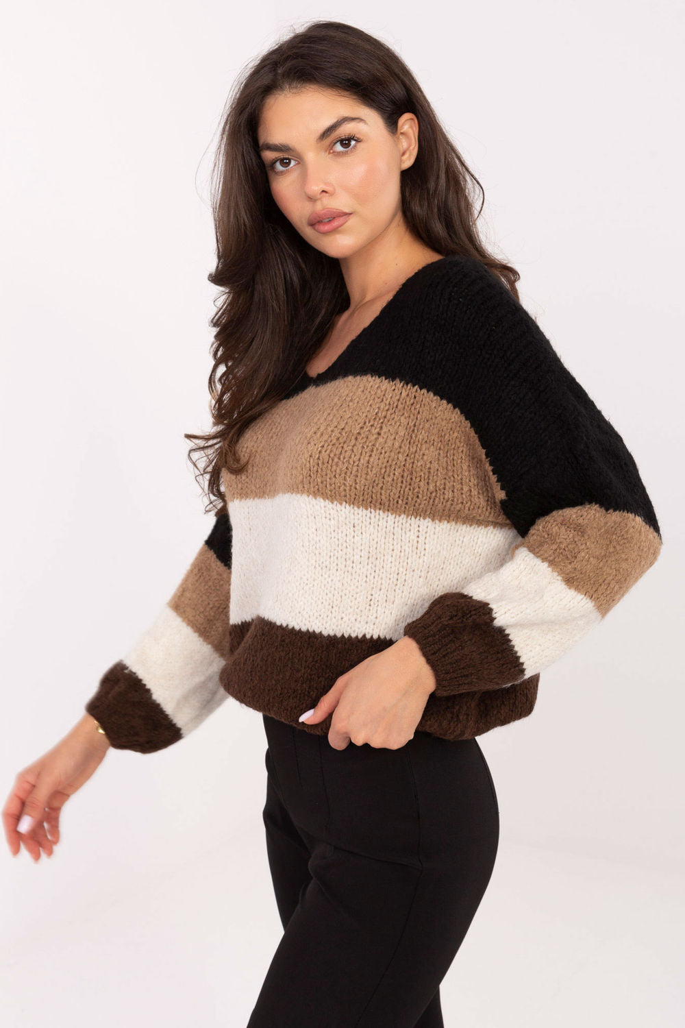 Rue Paris Brown Striped Oversized V-Neck Jumper - view 2