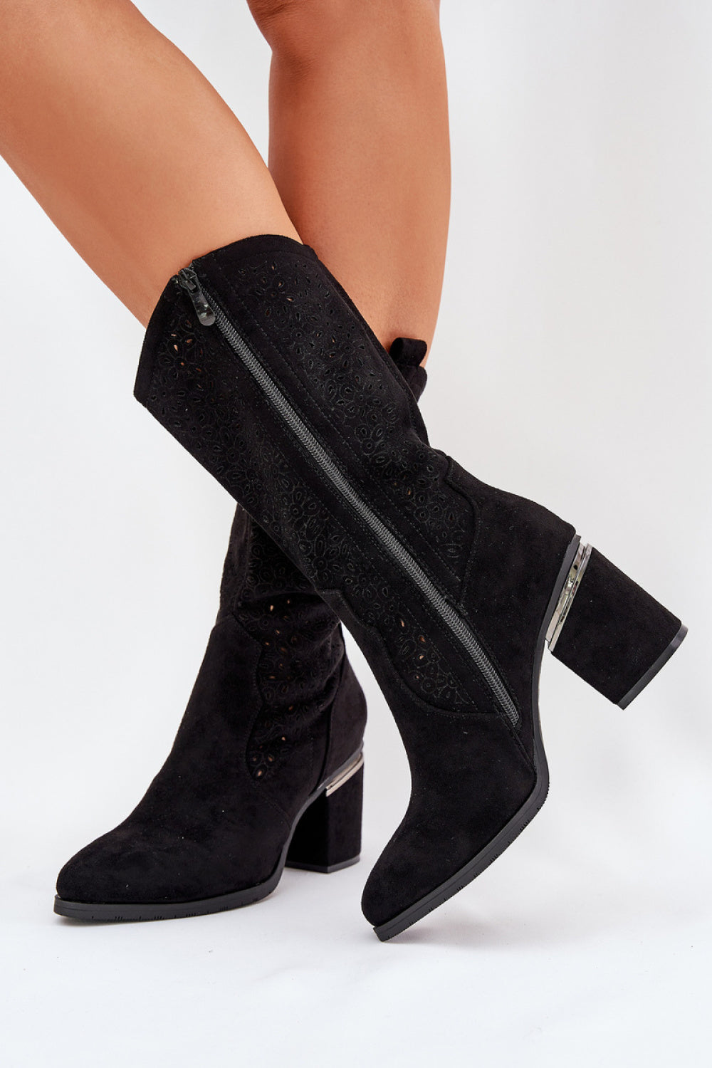 Step In Style Black Faux Leather Block Heel Cut-Out Boots